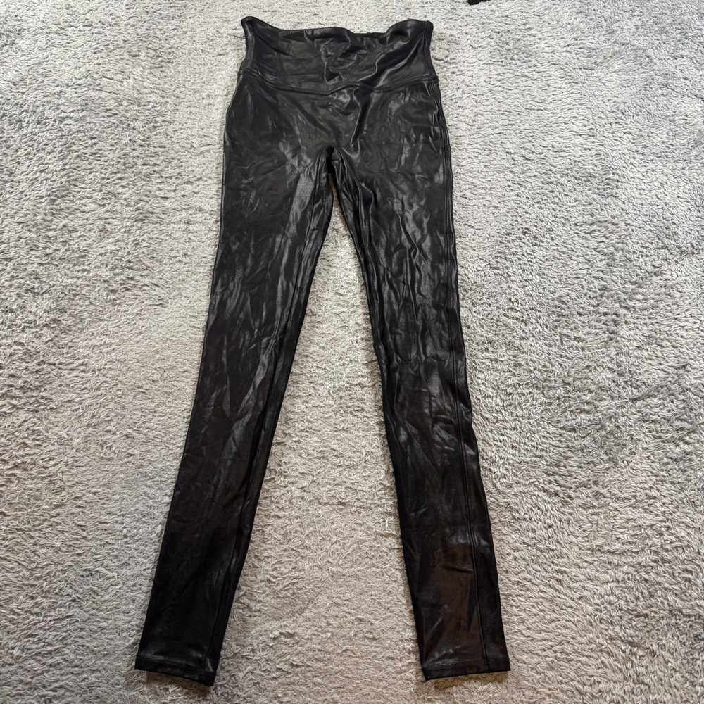 Spanx Faux Leather Leggings Small Black Shimmer High Waisted Womens Pants S